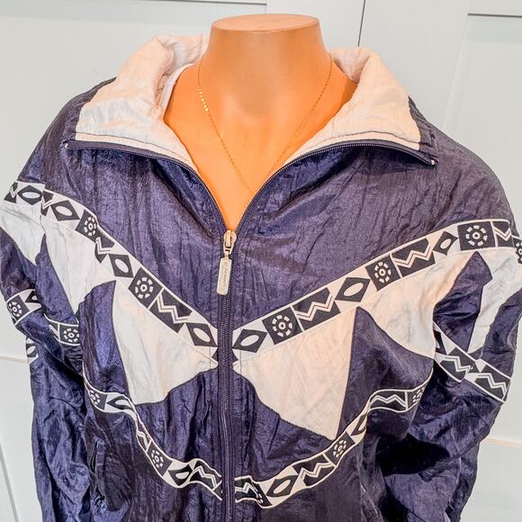 1990s Vintage Janeve Bomber Jacket Navy/White Geometric Pattern-Womens Medium - Picture 7 of 10